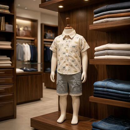 Kids Premium Cotton/Linen Vintage Vehicle Shirt & Cargo Shorts Dress