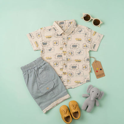Kids Premium Cotton/Linen Vintage Vehicle Shirt & Cargo Shorts Dress