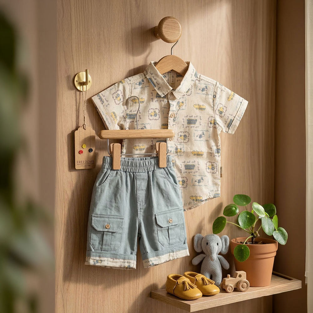 Kids Premium Cotton/Linen Vintage Vehicle Shirt & Cargo Shorts Dress