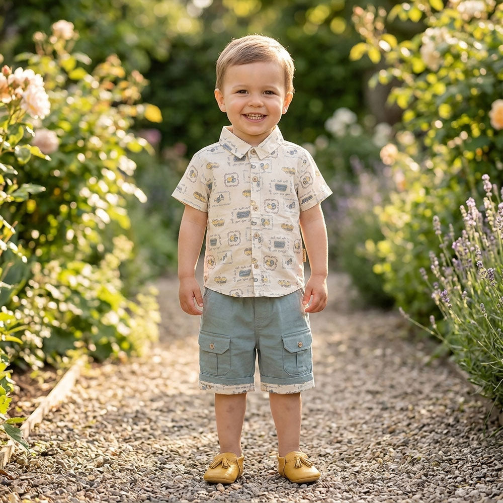 Kids Premium Cotton/Linen Vintage Vehicle Shirt & Cargo Shorts Dress