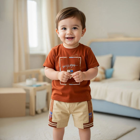 Boys 2-Piece Summer Set - Orange Graphic Tee & Beige Joggers