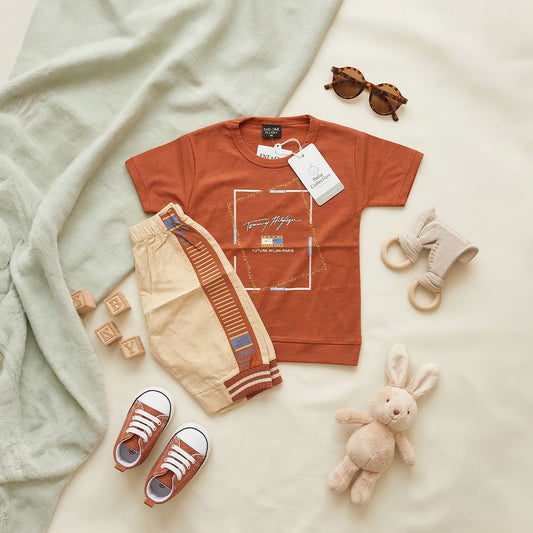 Boys 2-Piece Summer Set - Orange Graphic Tee & Beige Joggers
