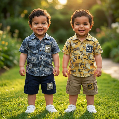 Premium Kids "No Limit" Safari Button-Down Shirt & Cargo Shorts Set