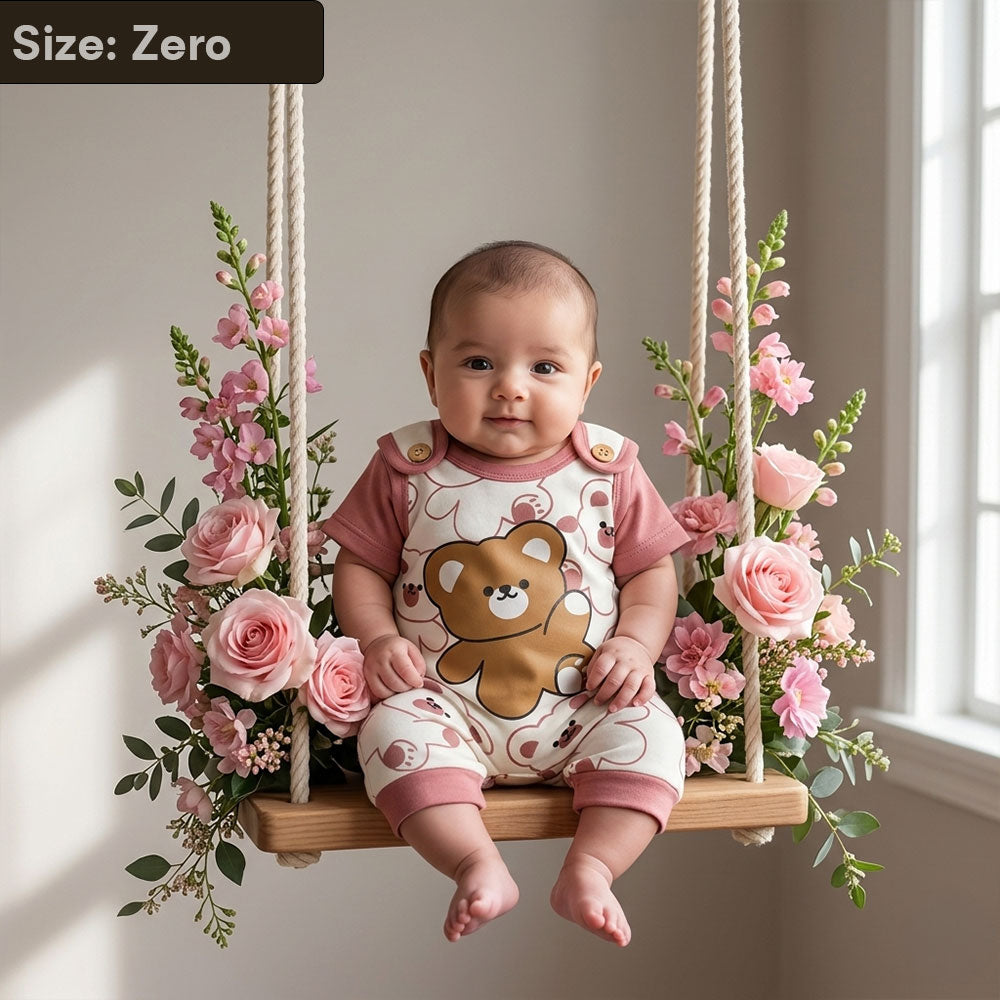 Newborn Teddy Bear Print Romper - Dusty Rose Short-Sleeve Jumpsuit