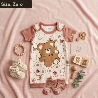 Newborn Teddy Bear Print Romper - Dusty Rose Short-Sleeve Jumpsuit
