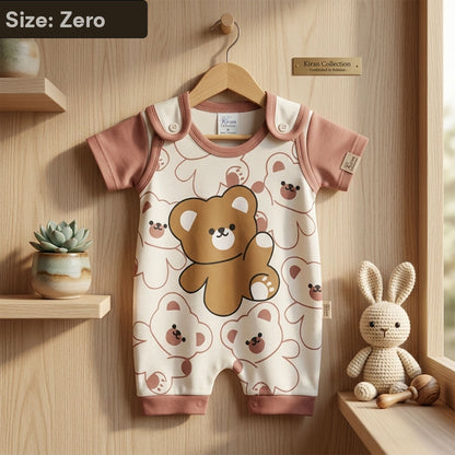 Newborn Teddy Bear Print Romper - Dusty Rose Short-Sleeve Jumpsuit